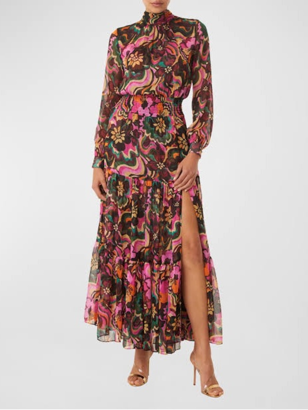 MISA Los Angeles Daphne Flora Groove Chiffon Boho Retro Maxi Dress XS NWT